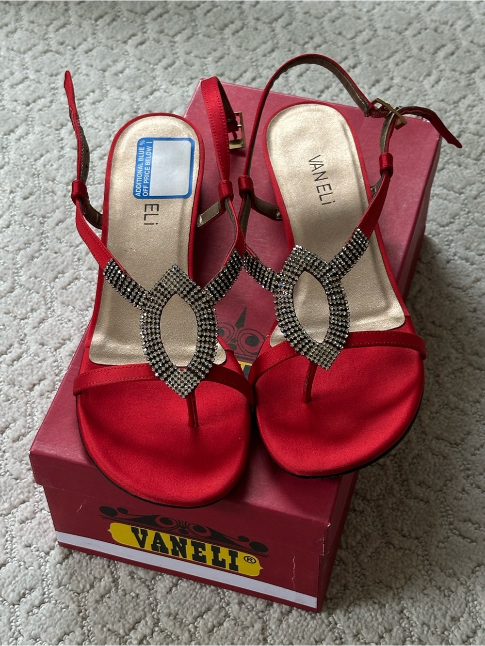 Vaneli Red Rhinestone T-Strap Satin Sandals. Size 8.5